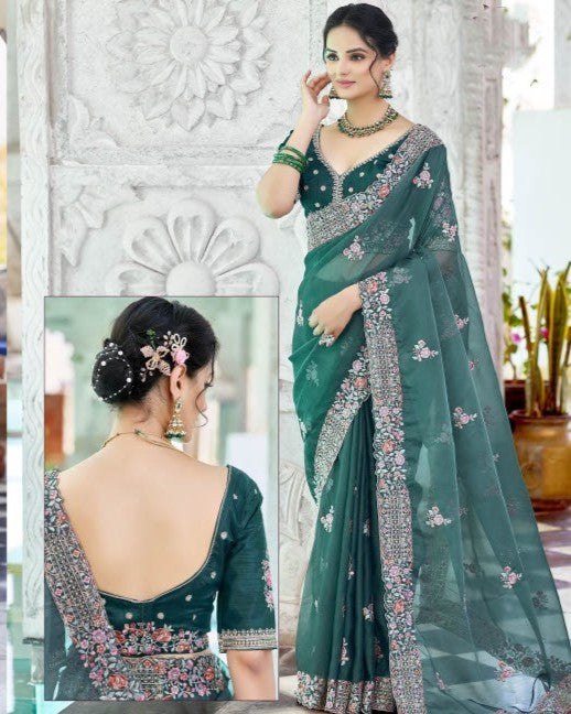 Bottle Green Party Wear Organza Saree with Heavy Butti Work