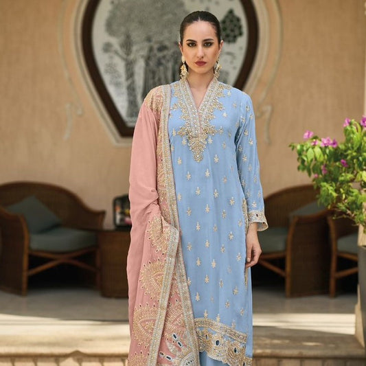 Blue Pure Chiffon Embroidered Pakistani Plazo Suit