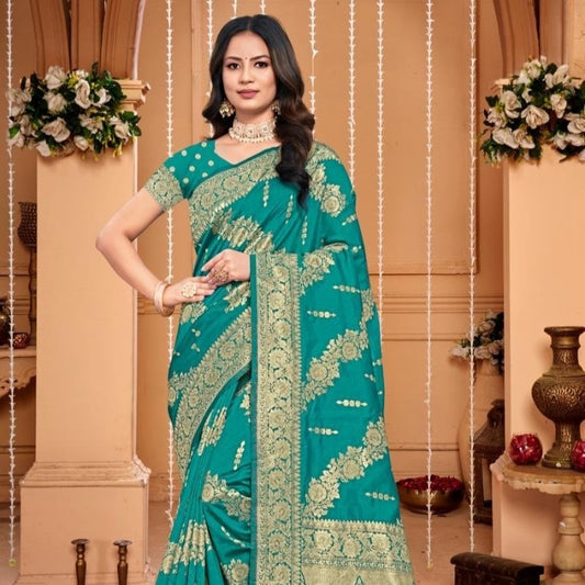 Turquoise Silk Weaving Daily Wear Saree For Women