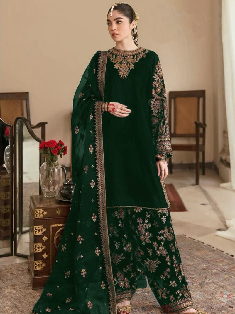 Green Color Winter Collection Italian Embroidered Velvet Salwar Suit