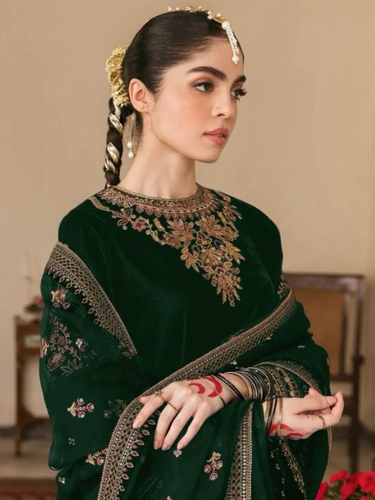 Green Color Winter Collection Italian Embroidered Velvet Salwar Suit