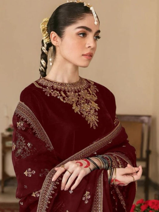 Red Color Winter Collection Italian Embroidered Velvet Salwar Suit