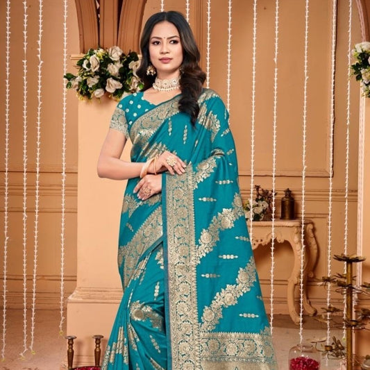 Teal Silk Weaving Daily Wear Saree For Women