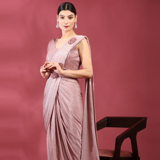 Pink Pre-Draped Saree Function Style Indian Designer Ready To Wear Fancy Saree