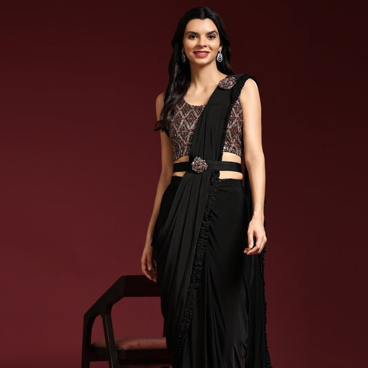Black Fancy Embroidered Ready To Wear Saree For Engagement