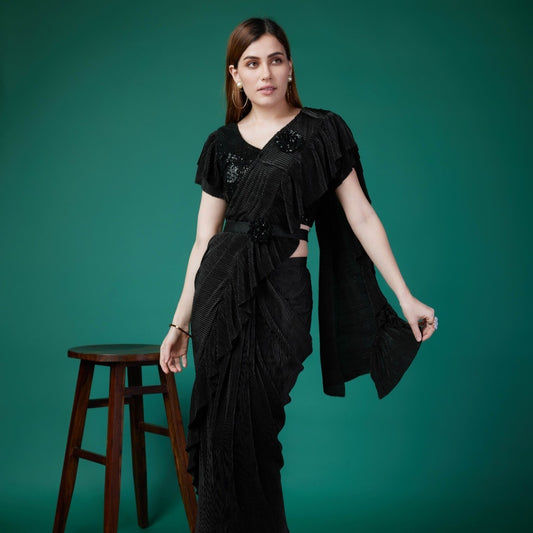 Black Pre-Draped Saree Function Style Indian Designer Ready To Wear Fancy Saree