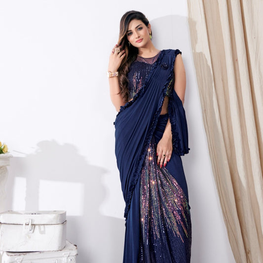 Blue Sequins Embroidery Ready To Wear Saree