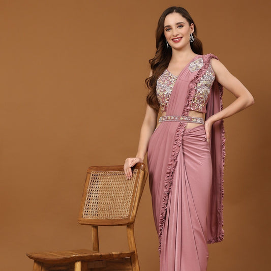 Pink Pre-Draped Saree Function Style Indian Designer Ready To Wear Fancy Saree