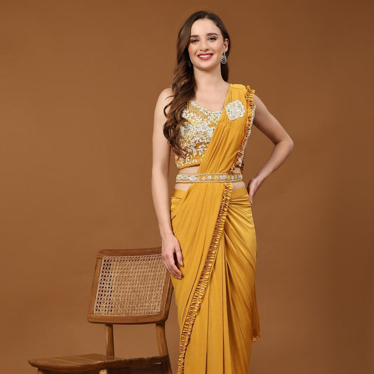Yellow Pre-Draped Saree Function Style Indian Designer Ready To Wear Fancy Saree