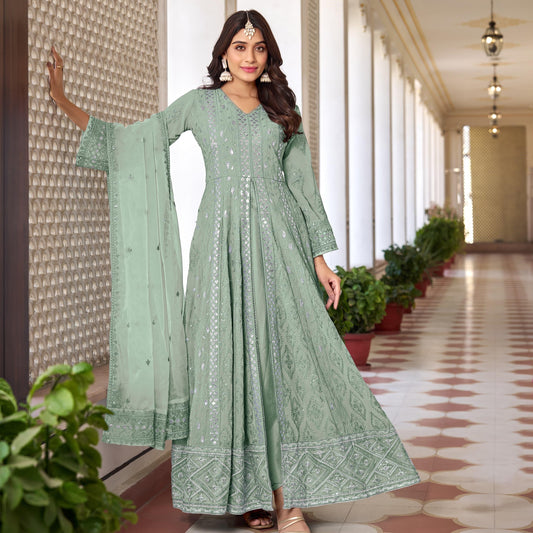 Trendy Sea Green Anarkali Suit Wedding Wear Heavy Embroidered Georgette Fabric
