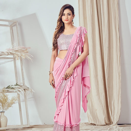 Pink Color Sequence Border Readymade Saree For Wedding Reception