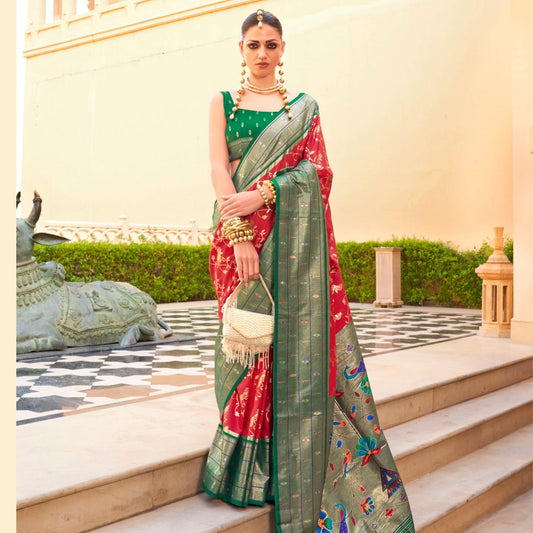 Red & Green Jacquard Wedding Wear Paithani Silk Saree