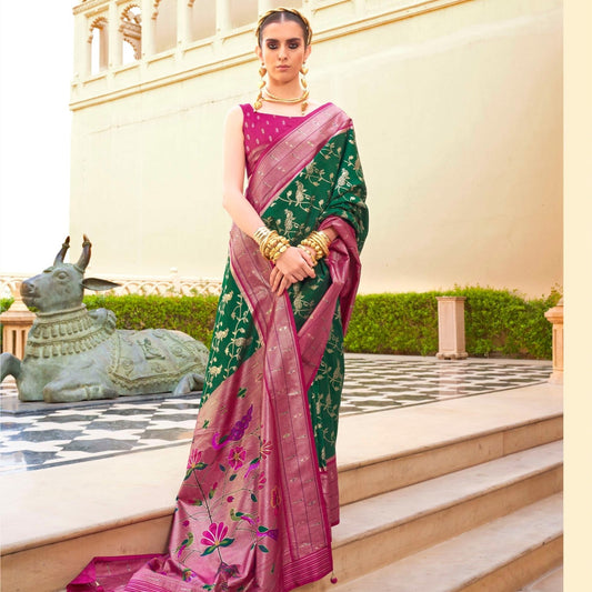 Pink & Grass Green Jacquard Wedding Wear Paithani Silk Saree 
