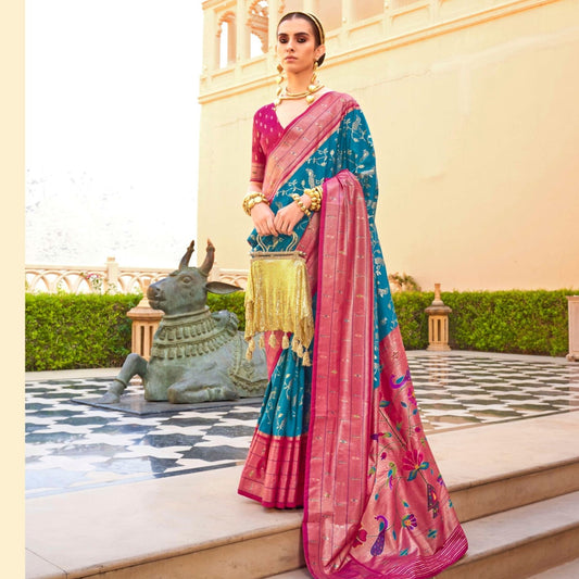 Blue & Pink Jacquard Wedding Wear Paithani Silk Saree