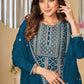 Teal Blue Color Festive Wear Thread Embroidered Sharara Suit