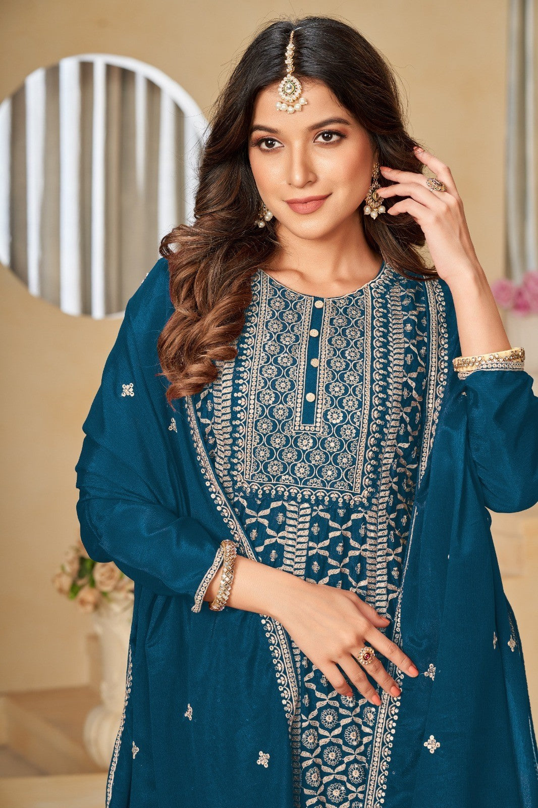 Teal Blue Color Festive Wear Thread Embroidered Sharara Suit