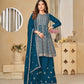 Teal Blue Color Festive Wear Thread Embroidered Sharara Suit