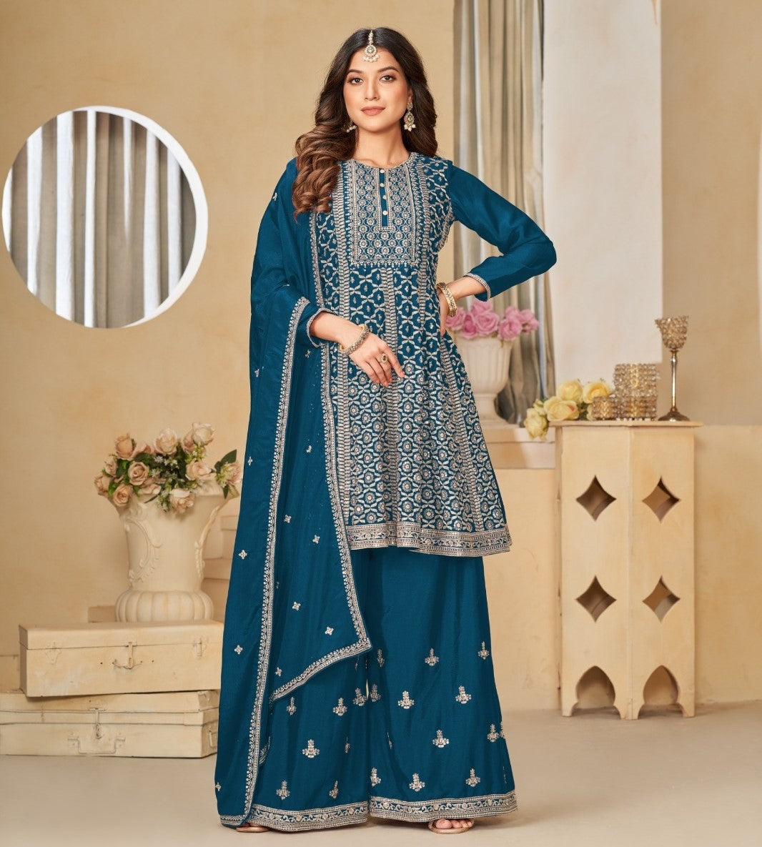 Teal Blue Color Festive Wear Thread Embroidered Sharara Suit