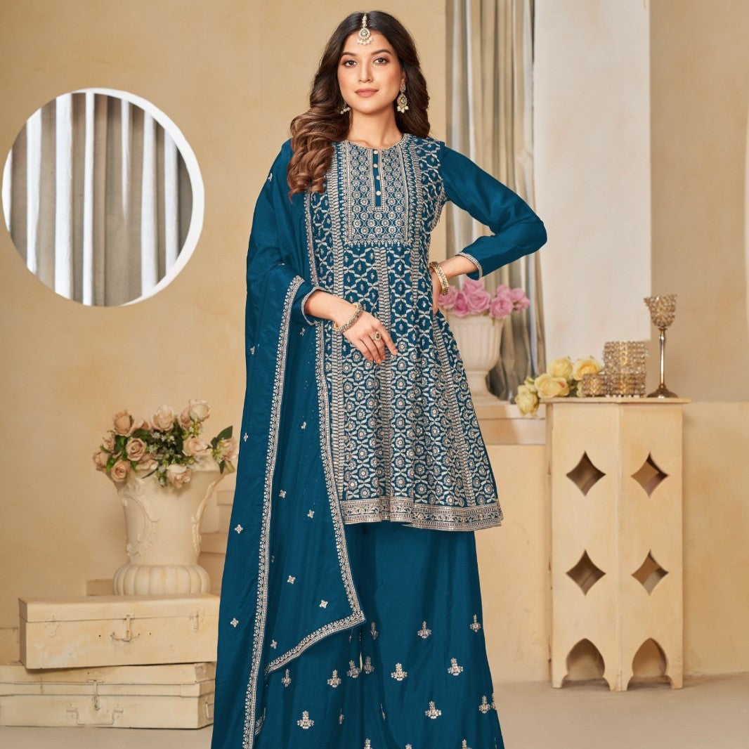 Teal Blue Color Festive Wear Thread Embroidered Sharara Suit