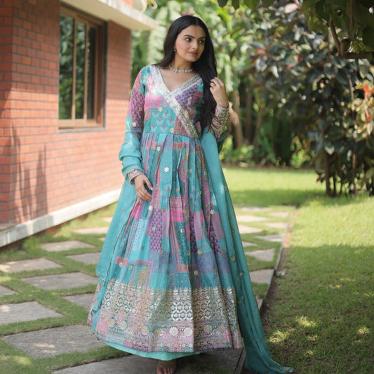 Blue Color Party Wear Digital Printed Silk Embroidered Designer Anarkali Gown With Dupatta
