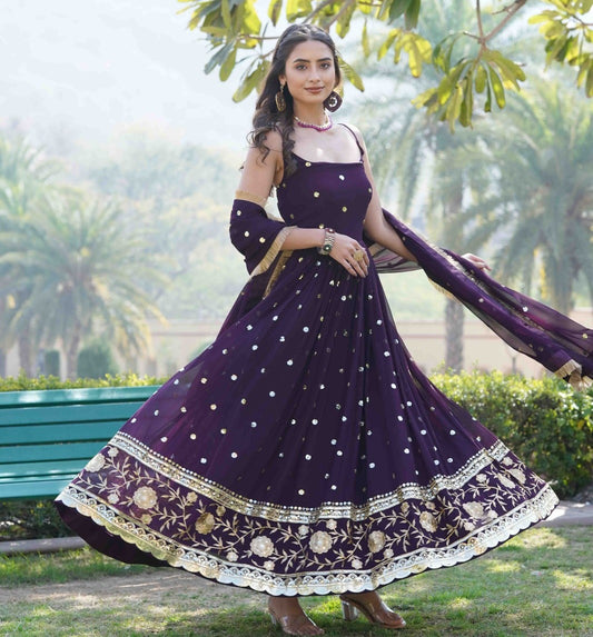 Wine Anarkali Frock With Sequence Embroidered Georgette Fabric