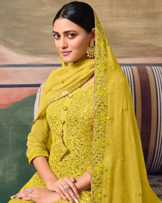 Yellow Pure Georgette Mirror Work Embroidered Sharara Suit – Apparel ...