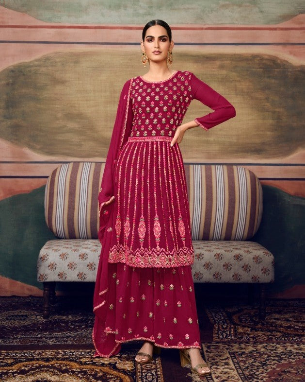 Red Heavy Multi Thread Embroidered Sharara Suit