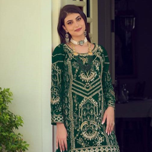 Organza Bottle Green Embroidered Bridal Wear Sharara Suit