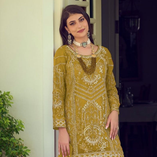Bridal Wear Olive Green Embroidered Organza Sharara Suit