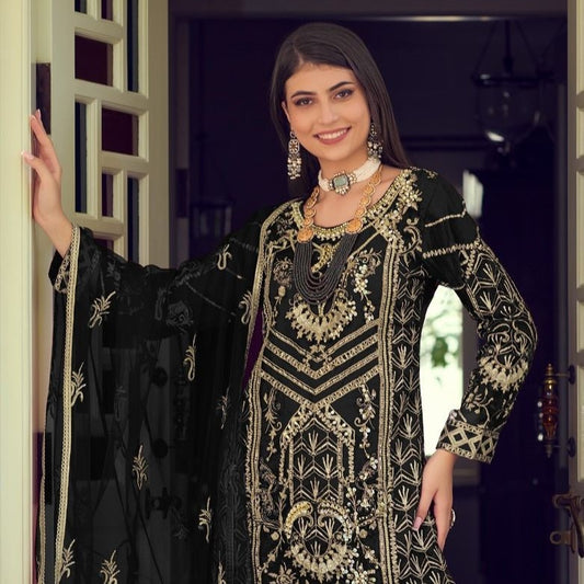 Pakistani Black Embroidered Organza Sharara Suit