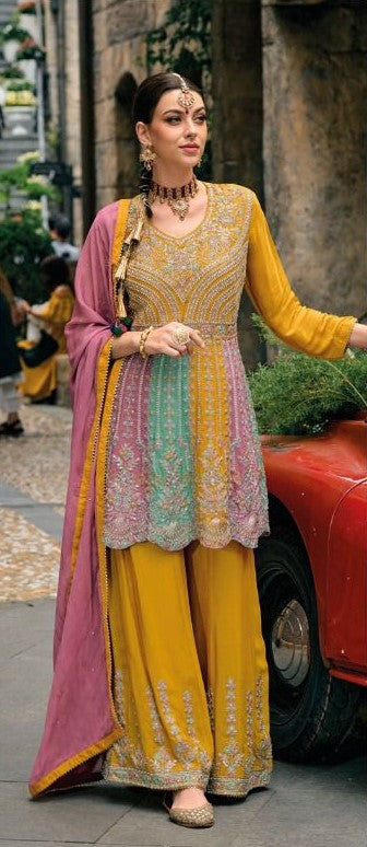 Yellow Colored Party Wear Sharara Suit Diamond Embroidery Chinon Fabric