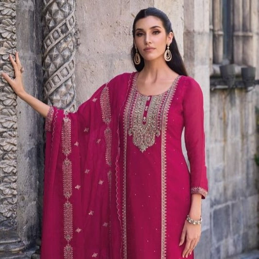 Pink Color Sequence Embroidery Soft organza Pant Style Salwar Suit