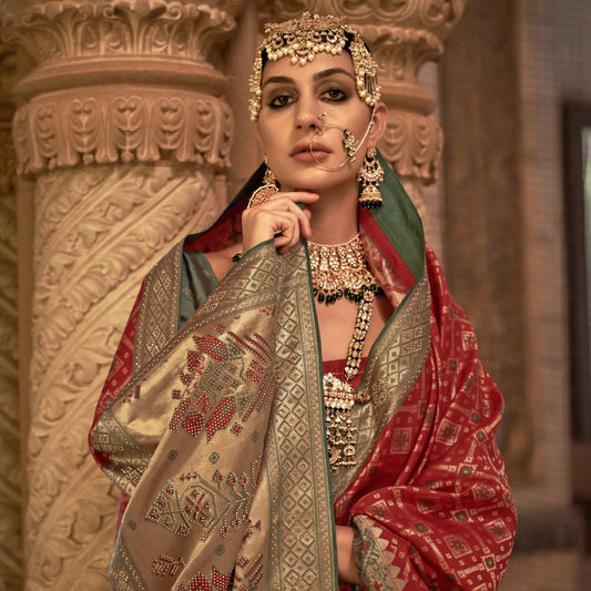 Shiraz Red Jacquard Stonework Woven Banarasi Silk Saree