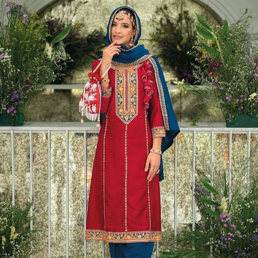 Red And Blue Embroidery Traditional Pakistani Suits With Pants