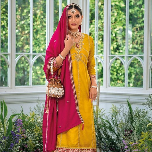 Yellow And Pink Embroidery Traditional Pakistani Suits With Pants