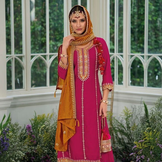 Pink And Yellow Embroidery Traditional Pakistani Suits With Pants