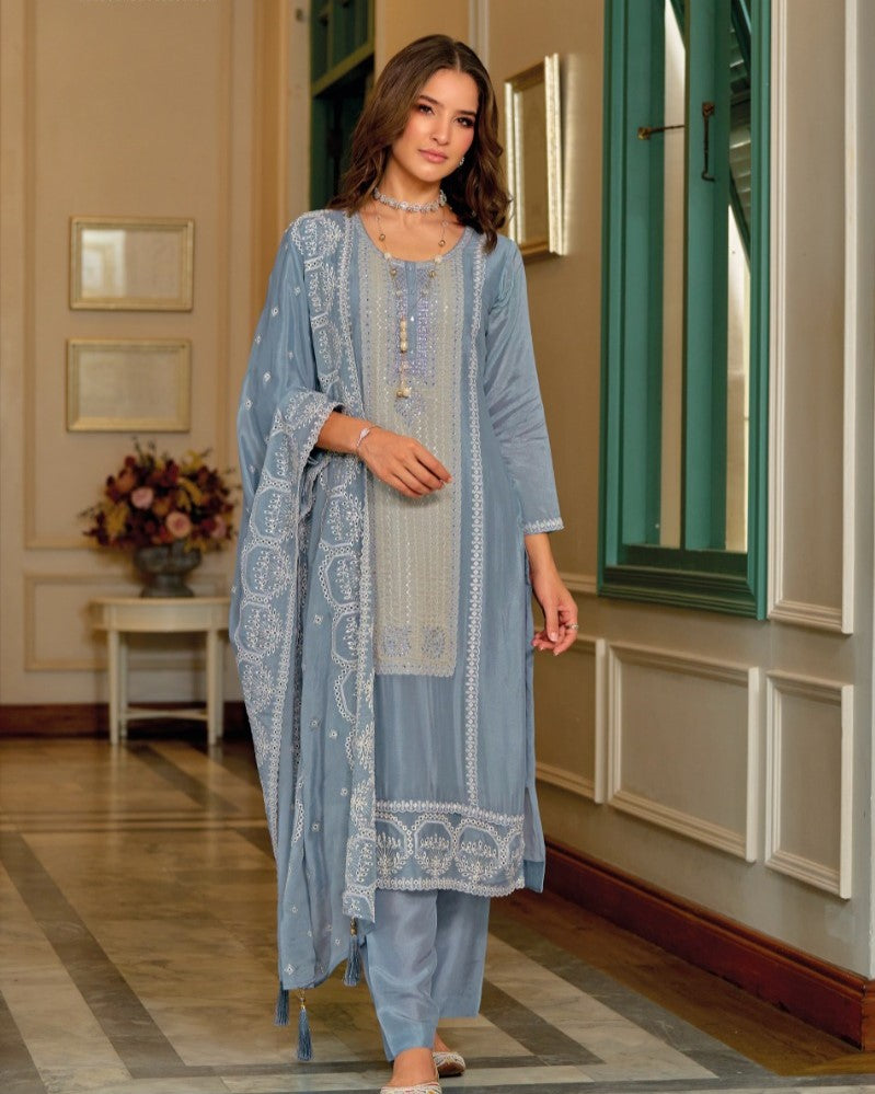 Blue Designer Embroidery Silk Salwar Suit