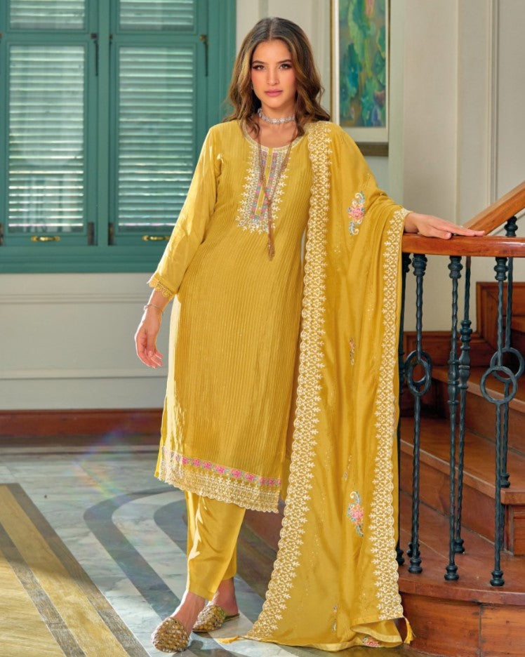 Yellow Designer Embroidery Silk Salwar Suit