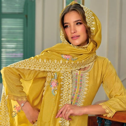 Yellow Designer Embroidery Silk Salwar Suit