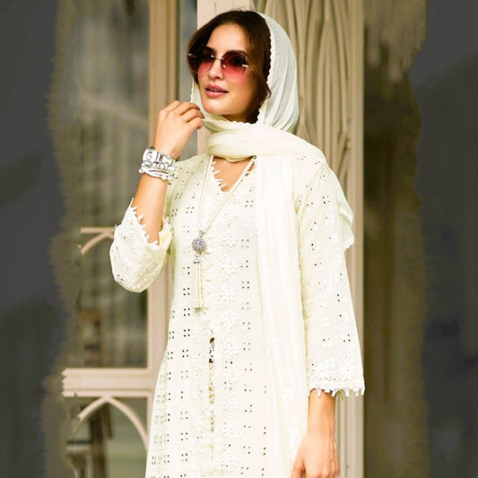 Faux Georgette Off White Mirror Palazzo Fancy Embroidered Salwar Kameez