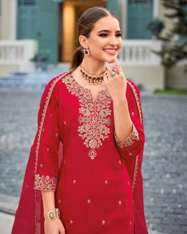 Crimson Red Roman Silk Handwork Embroidery Sharara Palazzo Suit