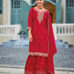 Crimson Red Roman Silk Handwork Embroidery Sharara Palazzo Suit