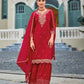 Crimson Red Roman Silk Handwork Embroidery Sharara Palazzo Suit