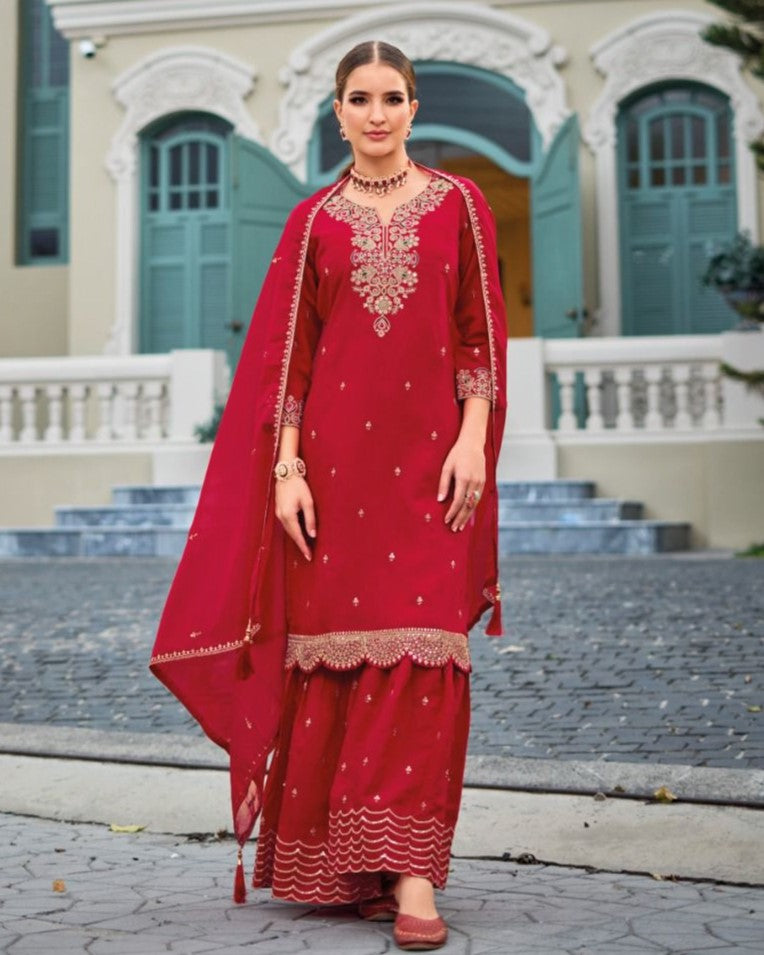 Crimson Red Roman Silk Handwork Embroidery Sharara Palazzo Suit