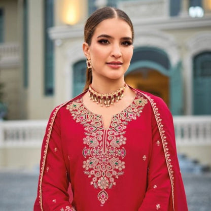 Crimson Red Roman Silk Handwork Embroidery Sharara Palazzo Suit