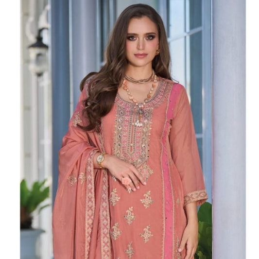 Peach Color Organza Diamond Embroidered Pant Style Stitched suit