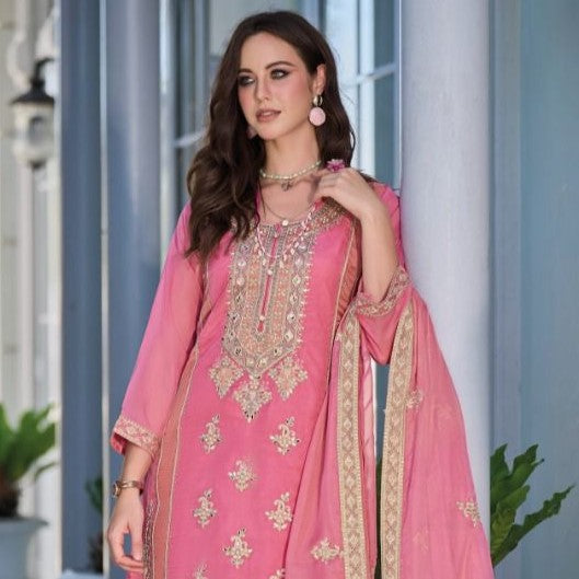 Pink Color Organza Diamond Embroidered Pant Style Stitched suit