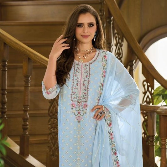Sky Blue Organza Suit With Fancy Embroidery Work
