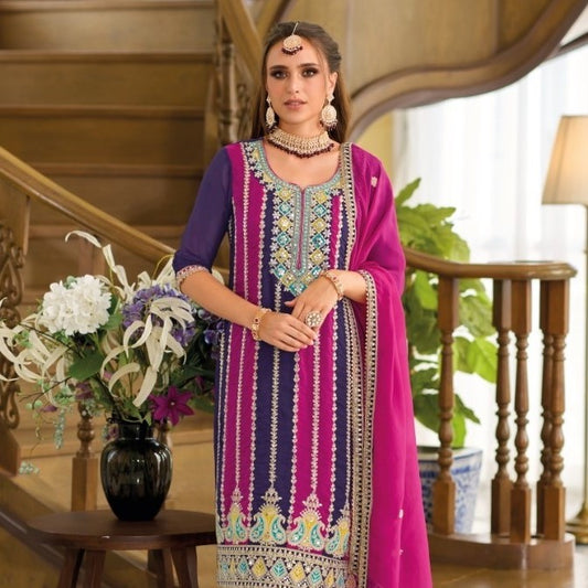 Purple And Pink Diamond Embroidered Bridal Wear Pant Style Organza Suits