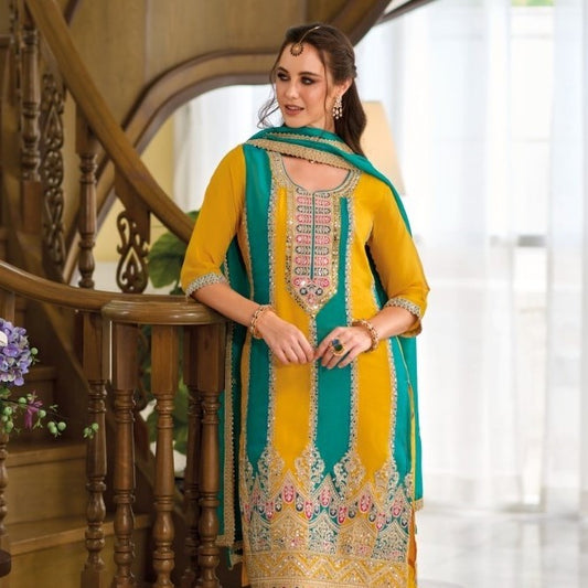 Rama and Yellow Diamond Embroidered Bridal Wear Pant Style Organza Suits
